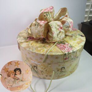 Cherub Angel Hat Box with Wired Ribbon Floral Large Bow 13"